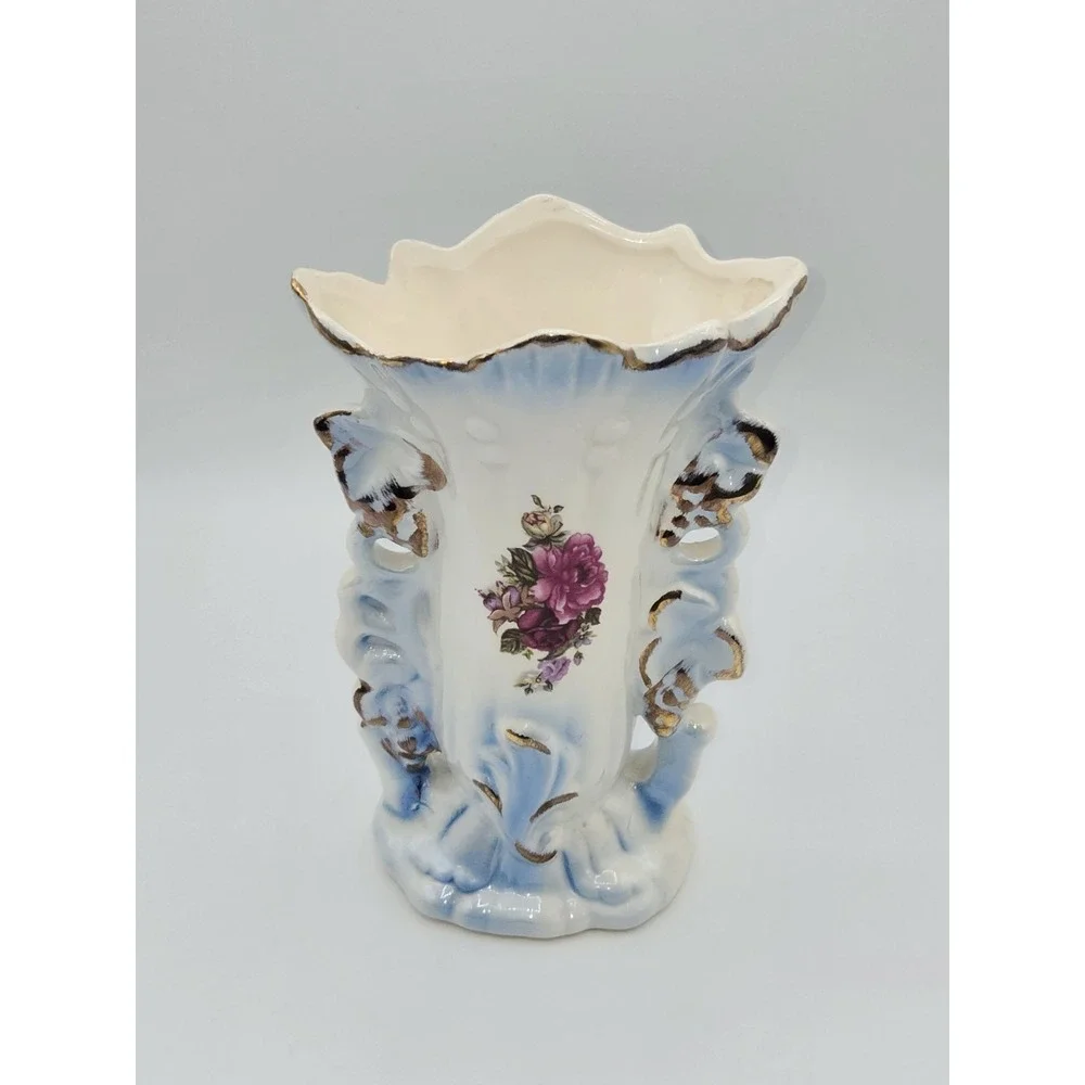 Vintage Victorian Style Porcelain Spill Vase Blue White Gold Floral‎ Mantel Vase